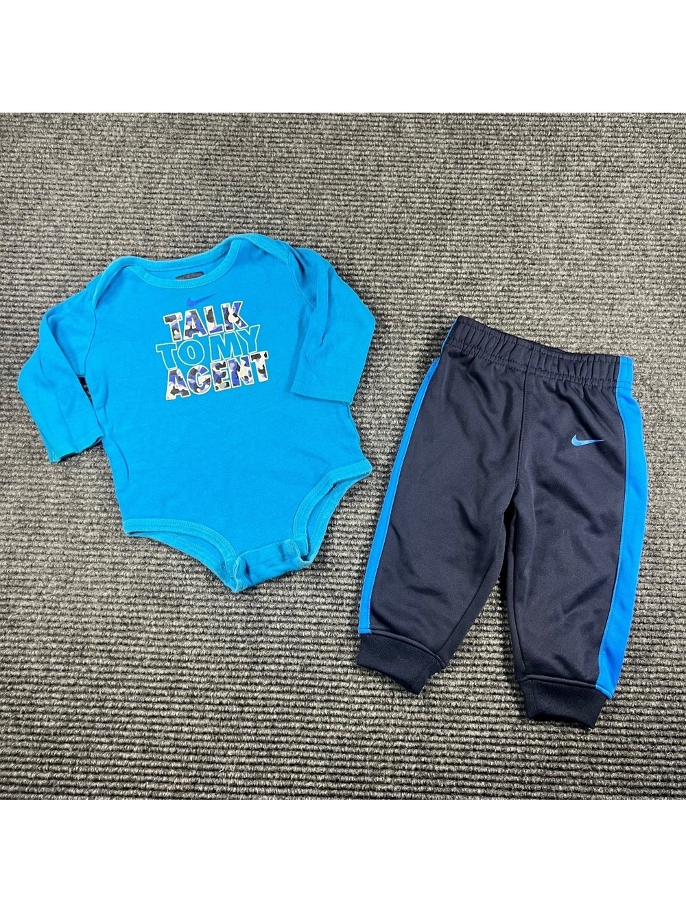 Nike Baby 12M Blue 'Talk To My Agent' Bodysuit and Navy Dri-FIT Pants Set